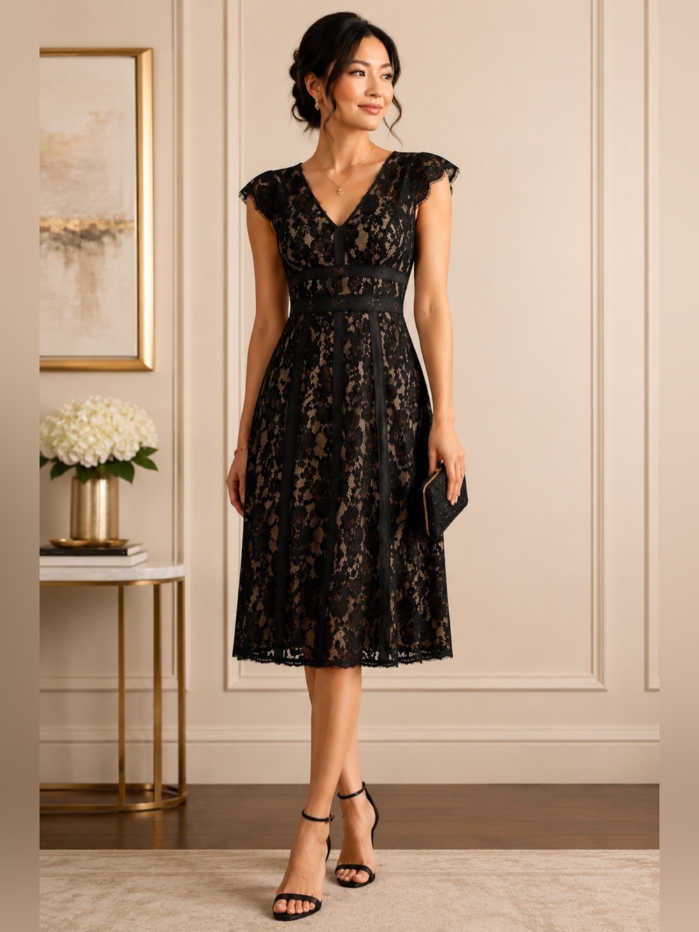 Ann Taylor LOFT Petites Black Lace Midi Dress Size 2P Elegant Cocktail Dress